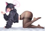  1girl animal_ears arm_support ass bangs bed_sheet black_hair black_hoodie blue_archive blush brown_pantyhose colored_inner_hair extra_ears feet from_side full_body halo highres hood hood_down hoodie karmiel kazusa_(blue_archive) long_sleeves looking_to_the_side medium_hair multicolored_hair no_shoes on_bed open_mouth pantyhose pink_hair red_eyes simple_background solo thighband_pantyhose thighhighs tongue tongue_out white_background 