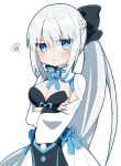  1girl :t black_dress blue_eyes blush braid breasts chibi cleavage cowboy_shot crossed_arms dress fate/grand_order fate_(series) french_braid grey_hair half_updo large_breasts long_hair morgan_le_fay_(fate) ponytail pout rabiiandrain sidelocks solo squiggle very_long_hair white_background 