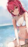  1girl :o absurdres bikini breasts cleavage collarbone gokineko_(roachcat) halterneck head_tilt highres horizon idolmaster idolmaster_shiny_colors komiya_kaho looking_at_viewer navel ocean outdoors red_eyes red_hair side-tie_bikini_bottom small_breasts solo swimsuit wet wet_hair white_bikini 