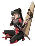  1girl absurdres bangs black_hair bodysuit boomerang breasts commentary_request full_body han-0v0 highres hiraikotsu inuyasha japanese_clothes katana kneeling long_hair medium_breasts ninja ponytail sango smile solo sword weapon white_background 