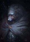  1boy artist_name blaidd_the_half-wolf blue_eyes body_fur cape cloak elden_ring fur_cape fur_cloak furry furry_male glowing glowing_eyes highres looking_at_viewer snowing solo teradiam weapon weapon_on_back white_fur wolf_boy 