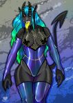 anthro blue breasts clothing face female hair hi_res kojha kwakapaint latex light rubber rubber_clothing rubber_suit solo standup succubus 