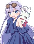  1girl :d bare_shoulders blue_dress blue_eyes blush breasts chibi dress fate/grand_order fate_(series) long_hair meltryllis_(fate) open_mouth purple_hair rabiiandrain sleeves_past_fingers sleeves_past_wrists small_breasts smile very_long_hair white_background 