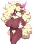  1girl absurdres animal_ears blonde_pubic_hair blue_eyes blush breasts brown_horns closed_mouth commentary dark-skinned_female dark_skin english_commentary female_pubic_hair furry furry_female gradient hair_over_one_eye hand_on_hip highres horns huge_breasts long_hair looking_at_viewer nipples original pubic_hair simple_background slugbox solo sweat tail white_background 