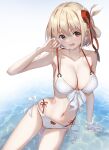  1girl :d absurdres arm_up armpits bangs bikini blonde_hair blush bob_cut bracelet breasts cleavage collarbone front-tie_bikini_top front-tie_top hair_ribbon highres jewelry large_breasts layered_bikini leaning_to_the_side looking_at_viewer lycoris_recoil navel nishikigi_chisato o-ring one_side_up open_mouth pulled_by_self red_eyes red_ribbon revision ribbon short_hair side-tie_bikini_bottom sitting smile strap_pull swimsuit wata0933 water 