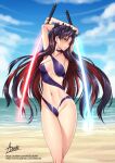  1girl adsouto armpits arms_behind_head arms_up artist_name bangs bare_legs beach black_hair black_ribbon blue_eyes blue_sky blush breasts casual_one-piece_swimsuit closed_mouth cloud collarbone day dual_wielding fate/grand_order fate_(series) feet_out_of_frame glowing glowing_sword glowing_weapon groin hair_ribbon highres holding holding_sword holding_weapon horizon ishtar_(fate) looking_at_viewer medium_breasts navel ocean one-piece_swimsuit outdoors parted_bangs purple_one-piece_swimsuit red_hair ribbon sky solo space_ishtar_(fate) standing stomach swimsuit sword two_side_up v-shaped_eyebrows water weapon web_address 