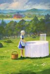  1girl apron basket blue_skirt blue_vest bow bush chair closed_mouth cloud cloudy_sky commentary fjsmu from_side hair_bow high_heels highres holding_cloth izayoi_sakuya maid maid_headdress mansion medium_hair outdoors puffy_short_sleeves puffy_sleeves river scenery shirt short_sleeves skirt sky socks solo table tablecloth touhou tree vest waist_apron white_apron white_hair white_shirt white_socks wide_shot 