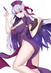  1girl absurdres ass bare_legs blush breasts broken_heart cleavage clipboard colored_inner_hair dress earrings fate/grand_order fate_(series) feet_out_of_frame grey_hair hair_ribbon hat highres holding holding_clipboard holding_syringe jewelry kama_(fate) large_breasts mergerri multicolored_hair no_panties nurse_cap parted_lips pelvic_curtain purple_dress purple_hair purple_ribbon red_eyes ribbon short_sleeves simple_background solo syringe white_background 