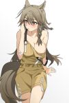  1girl animal_ears arknights bandaid bandaid_on_arm bandaid_on_shoulder bare_shoulders blush braid breasts brown_hair closed_mouth collarbone embarrassed highres horse_ears horse_girl horse_tail large_breasts liang_chan_xing_make_tu long_hair looking_away looking_to_the_side naked_overalls nipples official_alternate_costume overalls red_eyes side_braid sitting solo tail very_long_hair wild_mane_(arknights) wild_mane_(justice_maker)_(arknights) 