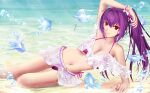  1girl bangs bare_shoulders beach bikini bracelet breasts cleavage collarbone fate/grand_order fate_(series) fish flower hair_between_eyes hair_flower hair_ornament highres jewelry large_breasts long_hair looking_at_viewer microskirt navel purple_bikini purple_hair red_eyes scathach_(fate) scathach_skadi_(fate) scathach_skadi_(swimsuit_ruler)_(fate) see-through shore skirt smile solo swimsuit thighs twintails yipaint 