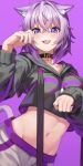  1girl ahoge animal_ear_fluff animal_ears black_collar black_jacket blue_eyes cat_ears cat_girl cat_tail collar commentary_request hair_between_eyes highres hololive jacket kobayashi_(jna_x_rgh) looking_at_viewer midriff navel nekomata_okayu purple_background purple_hair short_hair simple_background solo tail virtual_youtuber 