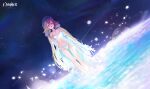  1girl absurdres agoto alchemy_stars aurora bangs bare_shoulders bikini blonde_hair breasts collarbone detached_sleeves dutch_angle glowing_liquid gronru_(alchemy_stars) gronru_(day_at_the_aquarium)_(alchemy_stars) hair_between_eyes hair_ornament highres long_hair low_twintails medium_breasts multicolored_hair navel night night_sky official_art open_mouth outdoors red_hair shell shiny shiny_skin side-tie_bikini_bottom sky smile solo standing stomach swimsuit twintails very_long_hair wading water white_bikini yellow_eyes 
