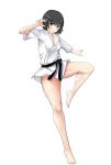  1girl absurdres alternate_costume amagami bangs bare_legs barefoot black_eyes black_hair blush breasts commentary_request dougi gyuunyuu_pack_(tanaka) highres looking_at_viewer medium_breasts nanasaki_ai simple_background solo standing standing_on_one_leg thighs 