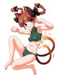  1girl animal_ears bangs barefoot blunt_bangs braid cat_ears cat_tail fang fang_out floating_hair fue_(fuef) kaenbyou_rin looking_at_viewer multiple_tails paw_pose red_hair simple_background solo tail touhou twin_braids white_background 