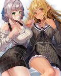  2girls belt black_skirt blonde_hair blue_ribbon breasts cleavage dark-skinned_female dark_skin dress green_eyes grey_belt grey_dress hair_ribbon highres hololive kobayashi_(jna_x_rgh) large_breasts long_hair looking_at_viewer lying multicolored_hair multiple_girls on_back on_side parted_lips plaid plaid_skirt pointy_ears red_eyes ribbon shiranui_flare shirogane_noel short_hair skirt streaked_hair striped striped_dress sweater thighs vertical-striped_dress vertical_stripes virtual_youtuber white_hair white_sweater 