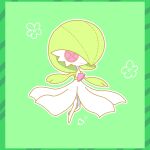  bangs bob_cut border button_eyes character_doll chibi closed_mouth colored_skin commentary_request doll flat_chest flower full_body gardevoir green_background green_border green_hair green_skin green_theme hair_over_one_eye happy heart highres multicolored_skin one_eye_covered pokemon pokemon_(creature) red_eyes short_hair simple_background smile stitches striped_border two-tone_skin white_skin yuri_(pixiv_76483886) 