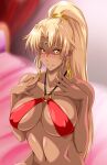  1girl absurdres airem0213 bangs blonde_hair blurry blurry_background blush breasts circlet covered_nipples dark_skin earrings hands_up highres hoop_earrings indoors jewelry long_hair navel o-ring parted_bangs ponytail sasha_(sennen_sensou_aigis) sennen_sensou_aigis tan very_long_hair yellow_eyes 