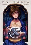  1girl amelion bioshock_(series) bioshock_infinite bird birdcage blue_choker blue_eyes blue_jacket blue_skirt body_freckles breasts brown_hair cage choker collarbone corset elizabeth_(bioshock_infinite) english_commentary eyeshadow fingernails freckles jacket lips long_skirt looking_down makeup sad short_hair skirt small_breasts solo thimble white_corset 