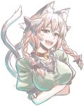  1girl :d animal_ears arms_under_breasts bell blush_stickers bow braid breasts cat_ears cat_tail collar cropped_torso kaenbyou_rin looking_at_viewer neck_bell nekomata open_mouth red_hair smile solo tail tanakara teeth tongue touhou twin_braids upper_body upper_teeth 