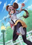  1girl :d absurdres ass bangs bird black_pantyhose bow breasts bright_pupils brown_hair cloud commentary day double_bun doughnut_hair_bun erudite-sama fence from_below green_eyes hair_bun hands_up highres holding holding_poke_ball large_breasts leg_up legwear_under_shorts long_hair open_mouth outdoors pantyhose pidove pink_bow poke_ball poke_ball_(basic) pokemon pokemon_(creature) pokemon_(game) pokemon_bw2 raglan_sleeves rosa_(pokemon) shoes short_shorts shorts sky smile sneakers teeth tongue tree twintails upper_teeth visor_cap white_pupils yellow_shorts 