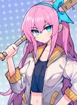  1girl :&lt; absurdres alternate_eye_color aubrey_(omori) baseball_bat blue_eyes blush closed_mouth collarbone crop_top expressionless hairband highres holding holding_baseball_bat jacket long_hair long_sleeves looking_at_viewer nail nail_bat navel omori pink_hair shio_0585 solo upper_body white_jacket 