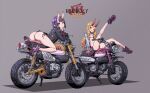  2girls ass bai_linqin bangs bikini black_bikini black_jacket blonde_hair colored_skin fate/grand_order fate_(series) forehead_jewel forehead_tattoo full_body ground_vehicle head_rest highres honda horns ibaraki_douji_(fate) jacket leg_up long_hair long_sleeves motor_vehicle motorcycle multiple_girls oni_horns open_clothes open_jacket parted_lips partially_visible_vulva pointy_ears purple_eyes purple_hair red_skin shoes short_hair shuten_douji_(fate) side-tie_bikini_bottom simple_background smile string_bikini swimsuit very_long_hair white_jacket yellow_eyes 