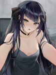  1girl absurdres bangs black_choker black_hair black_ribbon blurry blurry_background breasts choker collarbone commentary_request genshin_impact grey_eyes hair_ribbon highres indoors long_hair looking_at_viewer maya_(gpmp3825) mona_(genshin_impact) outstretched_arms parted_lips ribbon small_breasts solo strap_slip twintails upper_body very_long_hair 