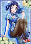  alternate_costume blue_background blue_dress blue_eyes blue_hair breasts bun_cover china_dress chinese_clothes cleavage dokidoki!_precure double_bun dress feather_fan floral_print folding_fan full_body hair_bun hair_rings hand_fan hanzou highres hishikawa_rikka holding holding_fan long_braid looking_at_viewer open_mouth panties panties_under_pantyhose pantyhose pelvic_curtain precure short_sleeves smile solo underwear white_footwear 