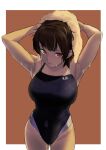  1girl absurdres armpits arms_behind_head black_one-piece_swimsuit brown_hair competition_swimsuit cowboy_shot from_above highres looking_at_viewer one-piece_swimsuit original red_eyes sametogoreijou short_hair solo standing swimsuit wet wet_clothes wet_swimsuit 