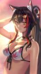  1girl animal_ear_fluff animal_ears bikini bikini_top_only black_choker breasts choker cleavage evening floral_print hair_between_eyes highres hololive kobayashi_(jna_x_rgh) long_hair looking_at_viewer medium_breasts multicolored_hair ocean ookami_mio parted_lips ponytail print_bikini red_hair solo streaked_hair sunset swimsuit upper_body virtual_youtuber white_bikini wolf_ears wolf_girl yellow_eyes 