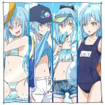  1other artist_name beach bikini blue_hair cowboy_shot eyelashes hat jacket midriff multiple_views navel one_eye_closed ponytail rimuru_tempest rimuru_tempest_(slime) shirt sky slime_(creature) string_bikini swimsuit ten_10wa tensei_shitara_slime_datta_ken water yellow_eyes 