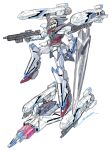  clenched_hand core_fighter green_eyes gun gundam highres holding holding_gun holding_weapon mecha mobile_suit no_humans original robot science_fiction spacecraft starfighter weapon white_background yonemura_kouichirou 