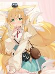  1girl absurdres animal_ears arknights bag bangs blonde_hair blue_skirt blush brown_cardigan cardigan closed_mouth creature_on_head fox_ears fox_girl fox_tail green_eyes high-waist_skirt highres kitsune long_hair long_sleeves looking_at_viewer luoxiaohei multicolored_hair multiple_tails neck_ribbon open_cardigan open_clothes puffy_long_sleeves puffy_sleeves qiuyueruona red_eyes ribbon shirt shoulder_bag skirt smile solo streaked_hair suzuran_(arknights) tail the_legend_of_luo_xiaohei very_long_hair white_hair white_shirt 
