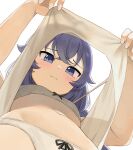  bangs black_ribbon blush bra closed_mouth crossed_bangs from_below frown hiroki_(yyqw7151) long_hair looking_at_viewer looking_down mushoku_tensei navel panties purple_eyes purple_hair ribbon roxy_migurdia shirt simple_background stomach undershirt underwear white_background white_bra white_panties white_shirt 