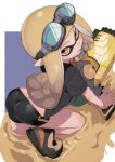  1girl 1other all_fours ass bike_shorts black_footwear black_shirt black_shorts blonde_hair braid fish from_behind fu-ta goggles goggles_on_head gun highres ink inkling inkling_girl long_hair looking_back pointy_ears shirt shoes short_shorts short_sleeves shorts splatoon_(series) splatoon_3 t-shirt tentacle_hair thighs weapon weapon_request yellow_eyes 