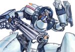  1girl assault_visor av-98_ingram blue_pants blue_shirt brown_hair from_below gun handgun highres holding holding_gun holding_weapon izumi_noa kidou_keisatsu_patlabor looking_down mecha orange_vest pants revolver robot shirt shotgun sketch vest weapon white_background yonemura_kouichirou 