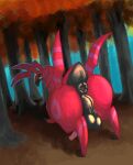  2022 absurd_res animal_genitalia animal_penis anus arthropod autumn backsack balls big_butt butt colored digital_media_(artwork) digital_painting_(artwork) ediblecrustables equine_penis feral full-length_portrait generation_5_pokemon genitals hi_res looking_back myriapod nintendo outside penis perineum plant pokemon pokemon_(species) portrait puffy_anus red_body scolipede shaded smaller_version_at_source tree video_games yellow_eyes 