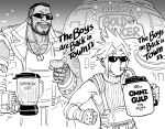  2boys absurdres barret_wallace bb_(baalbuddy) cloud_strife drink english_text facial_hair final_fantasy final_fantasy_vii greyscale grin highres lyrics margarita monochrome multiple_boys open_mouth short_hair sleeveless smile spiked_hair sunglasses teeth vest 