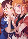  2girls ;d blue_kimono brown_hair commentary_request cosplay hair_ribbon heart inoue_takina inoue_takina_(cosplay) japanese_clothes kimono kitahara_tomoe_(kitahara_koubou) long_hair looking_at_viewer love_live! low_twintails lycoris_recoil multiple_girls nishikigi_chisato nishikigi_chisato_(cosplay) one_eye_closed orange_hair pink_eyes red_eyes red_kimono red_ribbon ribbon sakurauchi_riko short_hair smile takami_chika twintails v 