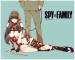  1boy 1girl absurdres black_hair breasts cheunchin hairband hand_in_pocket highres holding holding_leash large_breasts leash lying nipples nude pubic_hair red_eyes skindentation spy_x_family standing thigh_strap twilight_(spy_x_family) yor_briar 