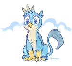  2019 avian beak blue_body blue_eyes blue_feathers blue_fur celebi-yoshi digital_media_(artwork) feathers feral friendship_is_magic fur gallus_(mlp) gryphon hasbro hi_res long_tail male my_little_pony mythological_avian mythology signature simple_background sitting smile solo tail_tuft tan_body tan_fur tuft white_background wings 