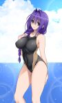  1girl absurdres beach black_one-piece_swimsuit blue_eyes braid braided_ponytail breasts closed_mouth cloud covered_navel covered_nipples day highres kanon large_breasts long_hair looking_at_viewer mature_female minase_akiko mitarashi_kousei ocean one-piece_swimsuit outdoors purple_hair sky smile solo standing sunlight swimsuit 