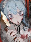  1girl axe blood blood_on_clothes blood_on_face blood_on_weapon blue_hair grey_eyes highres holding holding_axe hololive hoshimachi_suisei looking_at_viewer open_mouth pale_skin solo tears teeth toro3 virtual_youtuber weapon 