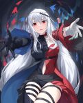  1girl allen.n arknights ascot asymmetrical_gloves breasts clothing_cutout gloves grey_hair highres large_breasts long_hair mismatched_gloves navel navel_cutout reaching_out red_eyes skadi_(arknights) skadi_the_corrupting_heart_(arknights) split_theme tears thigh_cutout thigh_strap 