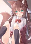  1girl animal_ear_fluff animal_ears ass black_socks blazer blush brown_hair brown_jacket brown_skirt cameltoe clothes_lift dress_shirt fox_ears fox_girl fox_tail green_eyes highres jacket kata_rosu kneehighs knees_up long_hair looking_at_viewer off_shoulder open_mouth original panties plaid plaid_skirt ribbon school_uniform shirt sitting skirt skirt_lift socks solo tail thighs twintails underwear white_panties white_shirt 