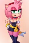  2022 amy_rose anthro breasts cleavage clothed clothing dress eulipotyphlan female gloves green_eyes hair handwear hedgehog hi_res legwear loodncrood looking_at_viewer mammal nipple_outline open_mouth open_smile pink_body pink_hair sega simple_background smile smiling_at_viewer solo sonic_the_hedgehog_(series) thigh_highs 