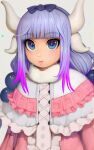  1girl bangs beads black_hairband blue_eyes blunt_bangs blurry blurry_foreground blush capelet depth_of_field dragon_girl dragon_horns expressionless hair_ornament hairband highres horns kanna_kamui kobayashi-san_chi_no_maidragon long_hair randy_(awesomevillage) solo tail twintails upper_body 