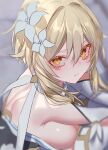  1girl absurdres back bangs bare_shoulders blonde_hair blurry blurry_background blush breasts closed_eyes closed_mouth crying detached_sleeves dress flower genshin_impact hair_between_eyes hair_flower hair_ornament highres long_hair looking_at_viewer lumine_(genshin_impact) medium_breasts pottsness sideboob sidelocks solo tears unfinished upper_body white_dress white_flower yellow_eyes 