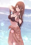  1girl adjusting_hair bikini black_bikini blurry blurry_background blush breasts brown_hair highres large_breasts light_particles long_hair midriff nagidango navel ocean original sarong smile solo swimsuit water 