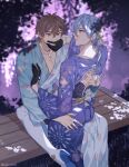  2boys black_gloves blue_eyes blue_hair blurry blurry_background blush brown_eyes brown_hair edmond_(nu_carnival) eiden_(nu_carnival) flower gloves hand_on_another&#039;s_mouth highres japanese_clothes kaki_hime kimono multiple_boys nu_carnival otoko_no_ko sitting sitting_on_person sweatdrop wisteria 